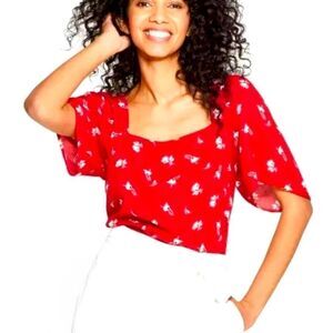 A New Day Red & White Floral Print Square Neck Top